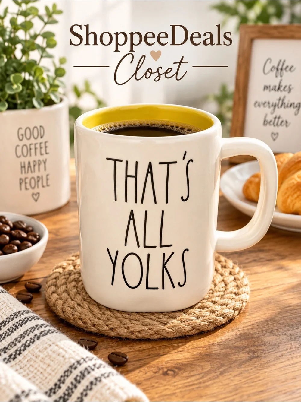 Rae Dunn “That’s All Yolks” Ceramic LL Coffee Mug 16 oz Yellow Interior